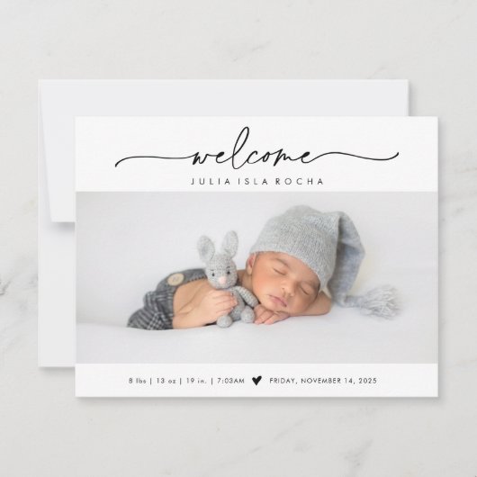 Calligraphy Welcome Photo Birth Announcement Card Bedankkaart (Voorkant)
