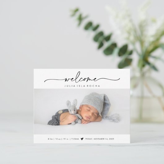 Calligraphy Welcome Photo Birth Announcement Card Bedankkaart (Staand voorkant)