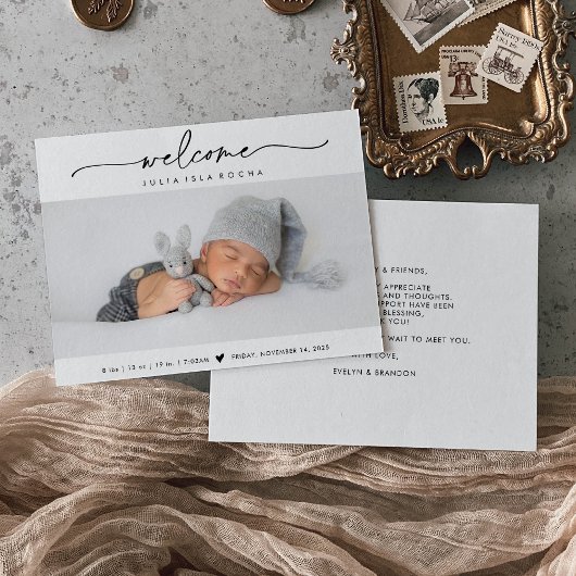 Calligraphy Welcome Photo Birth Announcement Card Bedankkaart