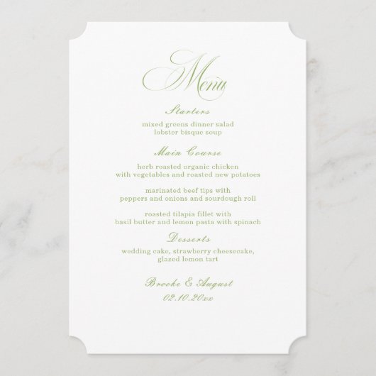 Calligraphy White and Sage Green Wedding Menu Card Kaart (Voorkant)