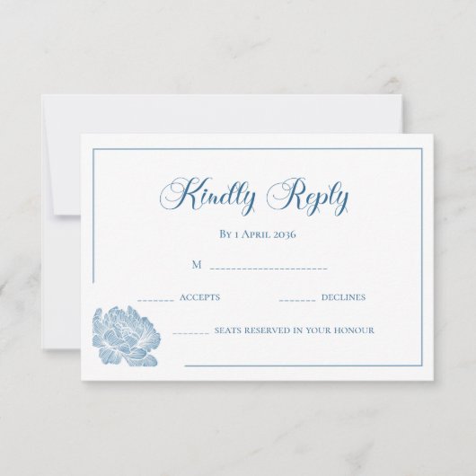 Calligraphy White Dusty Blue Floral Wedding RSVP Kaartje (Voorkant)