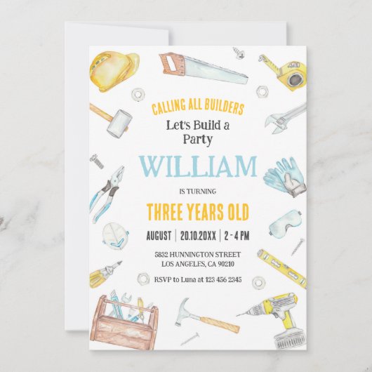 Calling All Builders Kids Boy Birthday Invitation Kaart (Voorkant)