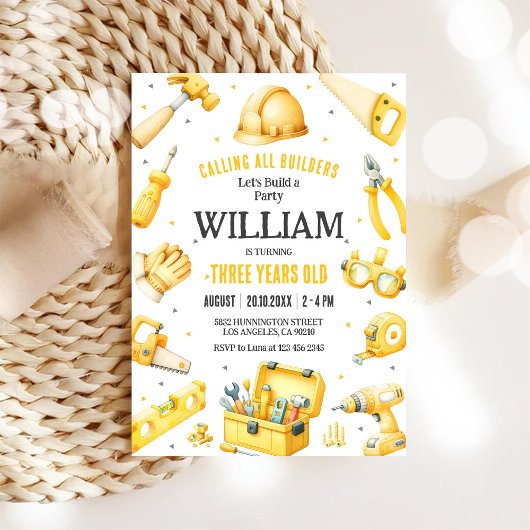 Calling All Builders Kids Boy Birthday Invitation Kaart