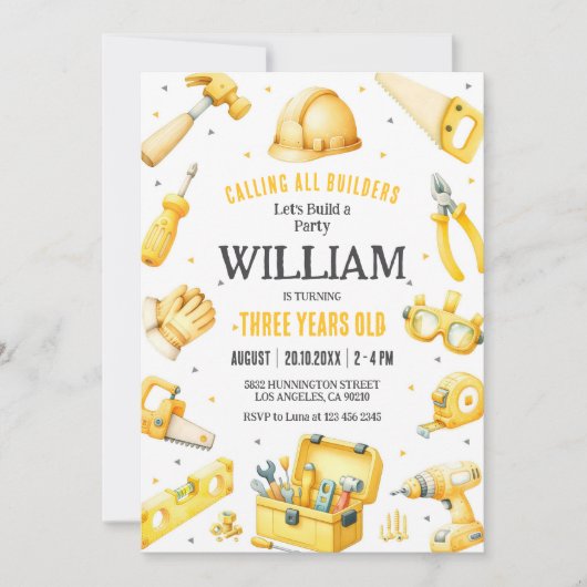 Calling All Builders Kids Boy Birthday Invitation Kaart (Voorkant)