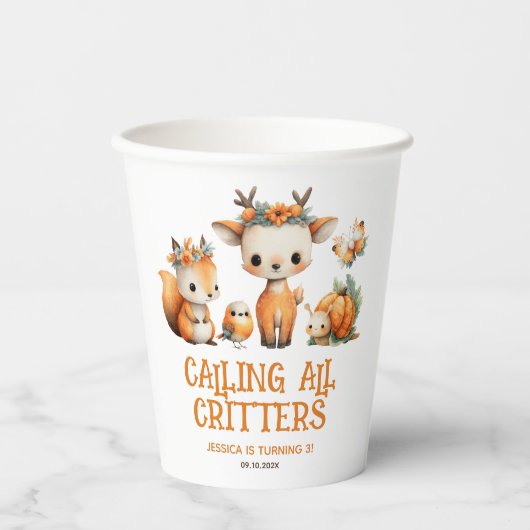 Calling All Critters Woodland Fall Kids' Birthday  Papieren Bekers (Voorkant)