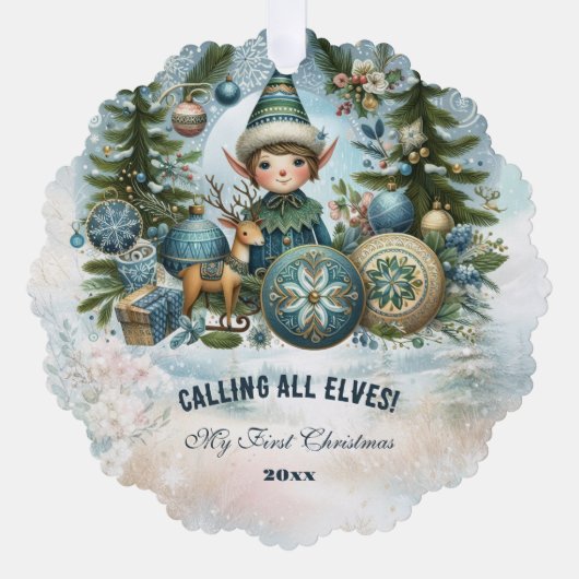 Calling All Elves Snow Christmas Card Ornament (Voorkant)