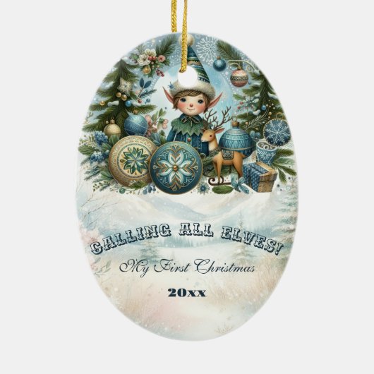 Calling All Elves Snowflake Christmas Party Invite Keramisch Ornament (Achterkant)