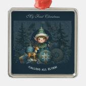 Calling All Elves Snowflakes My First Christmas Metalen Ornament (Voorkant)