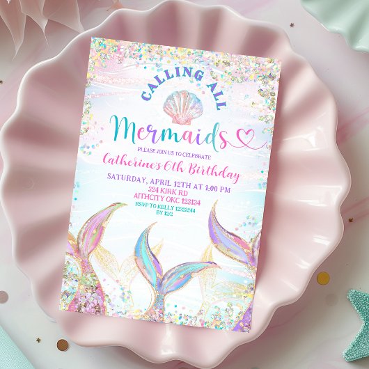 Calling All Mermaids Girl Birthday Invitation. Kaart