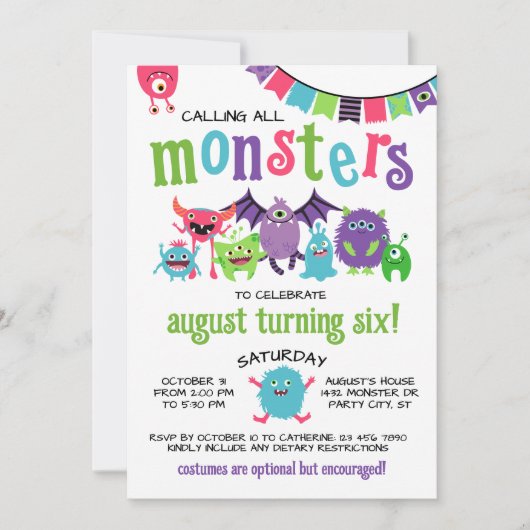 Calling All Monsters Kids Halloween Birthday Party Kaart (Voorkant)