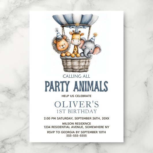 Calling All Party Animals 1st Birthday Party Kaart