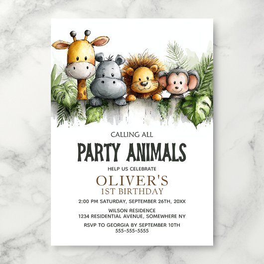Calling All Party Animals 1st Birthday Party Kaart