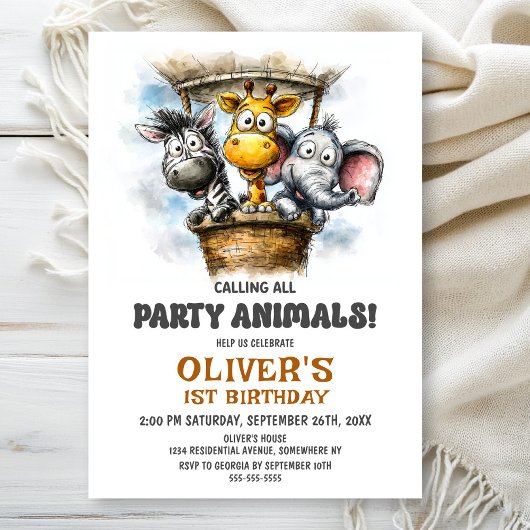 Calling all Party Animals 1st Birthday Party Kaart