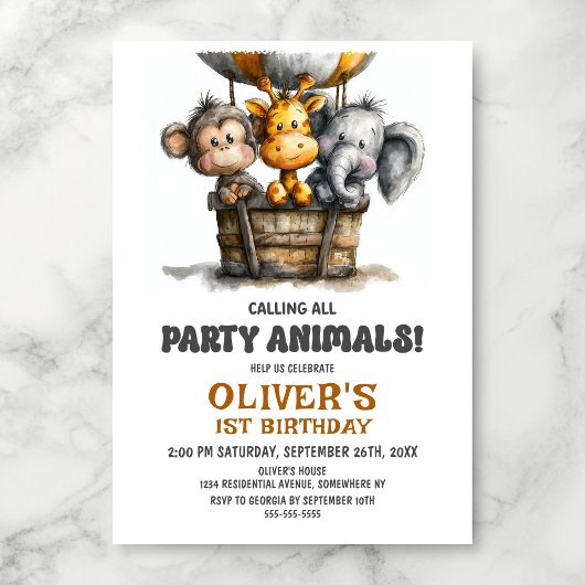 Calling all Party Animals 1st Birthday Party Kaart