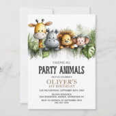 Calling All Party Animals 1st Birthday Party Kaart (Voorkant)