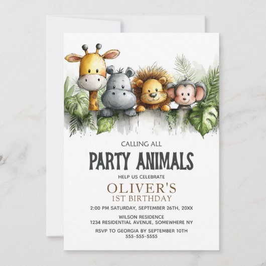 Calling All Party Animals 1st Birthday Party Kaart (Voorkant)