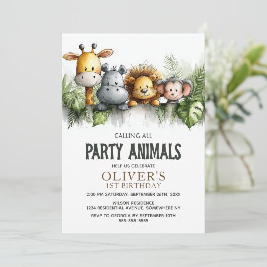 Calling All Party Animals 1st Birthday Party Kaart (Staand voorkant)