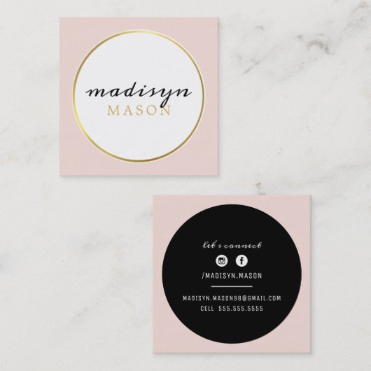 CALLING CARD cirkel rand zwart goud blush roze Vierkante Visitekaartje (Voorkant / Achterkant)