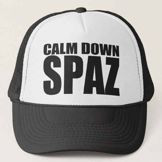 CALM DOWN SPAZ Snap Back Mesh Trucker Hat (zwart) Pet (Voorkant)