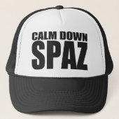 CALM DOWN SPAZ Snap Back Mesh Trucker Hat (zwart) Trucker Pet (Voorkant)