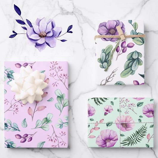 Calm Lavender & Green Floral 3 Coordinates Inpakpapier Vel