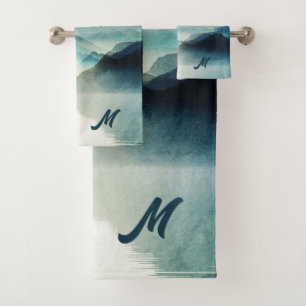 Calm Monogrammed Natuur Waterverf Mountain Scene Bad Handdoek