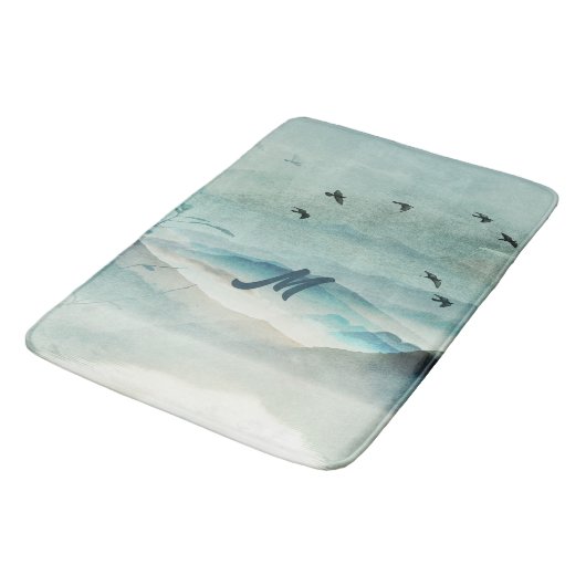 Calm Monogrammed Natuur Waterverf Mountain Scene Badmat (Gekanteld)