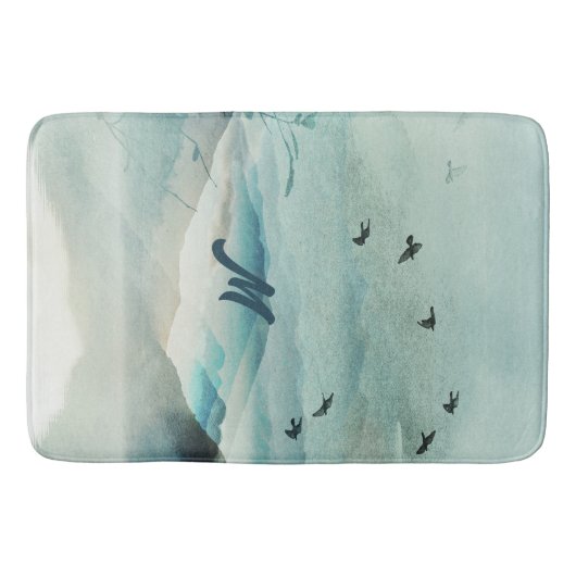 Calm Monogrammed Natuur Waterverf Mountain Scene Badmat (Voorkant)