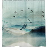 Calm Monogrammed Natuur Waterverf Mountain Scene Douchegordijn (Voorkant)