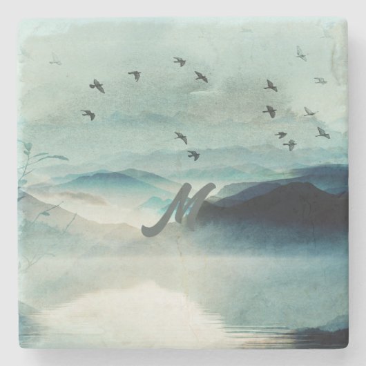 Calm Monogrammed Natuur Waterverf Mountain Scene Stenen Onderzetter (Voorkant)