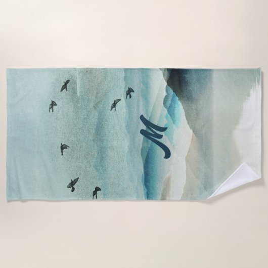 Calm Monogrammed Natuur Waterverf Mountain Scene Strandlaken (Voorkant)