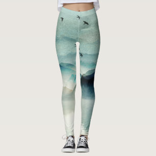 Calm Natuur Waterverf Mountain Scene Leggings