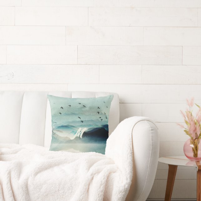 Calm Natuur Waterverf Mountain Scene Monogrammed Kussen (Bank)