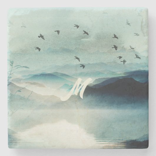 Calm Natuur Waterverf Mountain Scene Monogrammed Stenen Onderzetter (Voorkant)