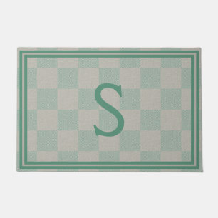 Calm Seafoam Green Grey Plaid Monogram Deurmat