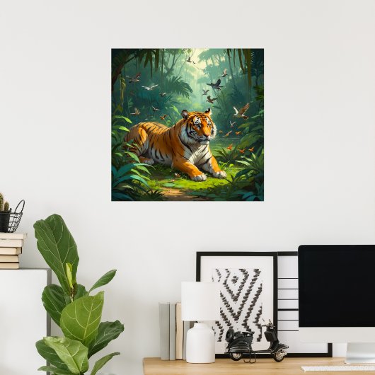 Calm Tijger Liggend in Oerwoud met Vogelschilderij Poster (Thuiskantoor)