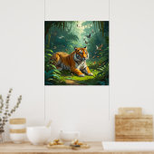 Calm Tijger Liggend in Oerwoud met Vogelschilderij Poster (Keuken)