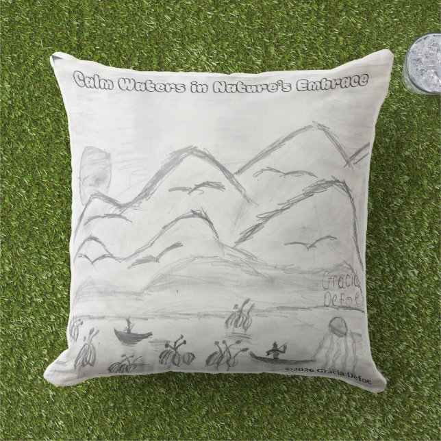 'Calm Waters in  Nature's Embrace' Throw Pillow Buitenkussen (Gras)