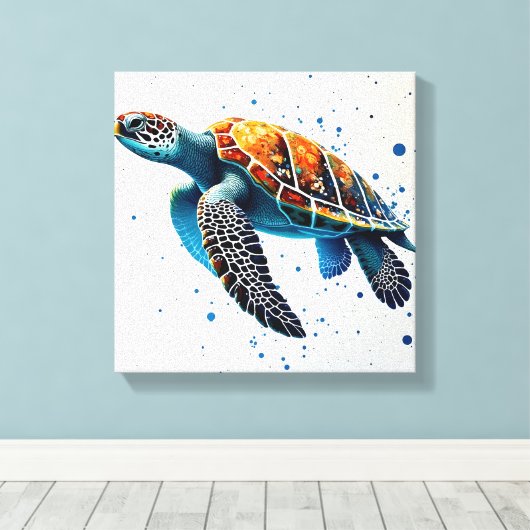 Calm Waters: Vier Zee schildpadden met de oceaan Canvas Afdruk (Insitu (Houten vloer))