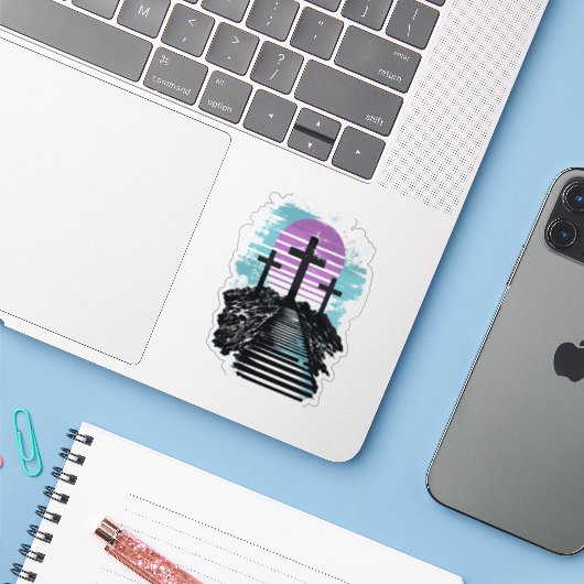 Calvarie Golgotha het is voltooid Modern Christeli Sticker (Laptop met iPhone)