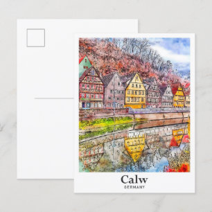 Calw Duitsland Art Travel Waterverf Hand getekend Briefkaart