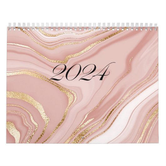 Calwndar 2024 roze marmer patroon met goud kalender (Hoes)
