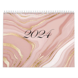 Calwndar 2024 roze marmer patroon met goud kalender