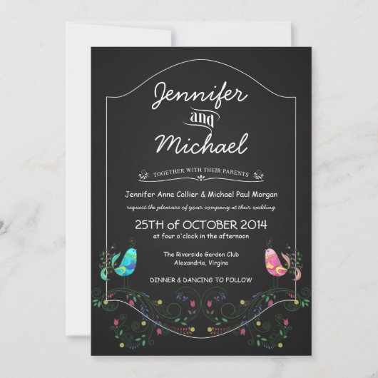 Calypso Tortelduifjes Chalkboard Wedding Invitatio Kaart (Voorkant)