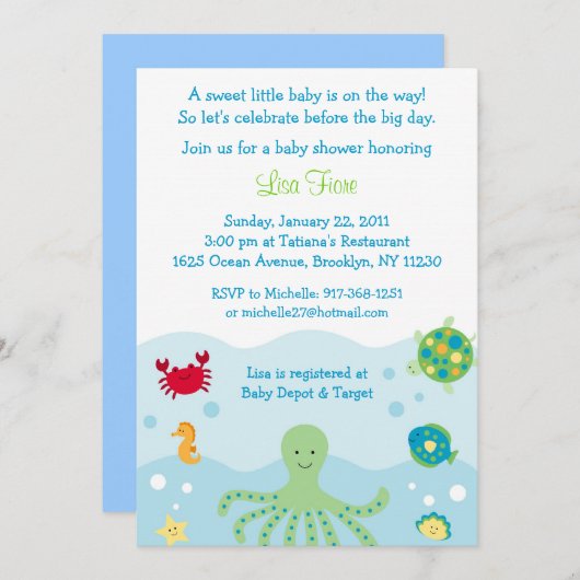 Calypso Zee Creature Ocean Baby Shower Invitaties Kaart (Voorkant / Achterkant)