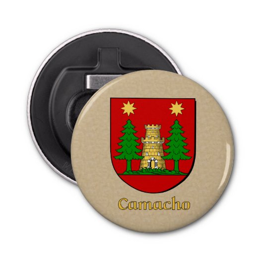 Camacho Heraldic Arms op perkament stijl terug Button Flesopener (Voorkant)