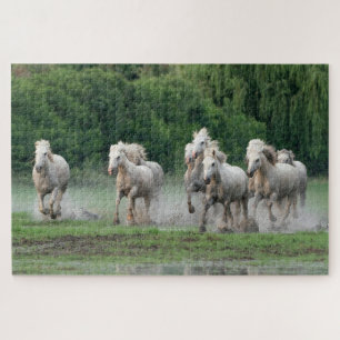 Camarguepaarden die in het water rennen legpuzzel