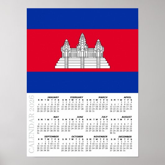 Cambodia 2026 Calendar, Large, Cambodian Flag Poster (Voorkant)
