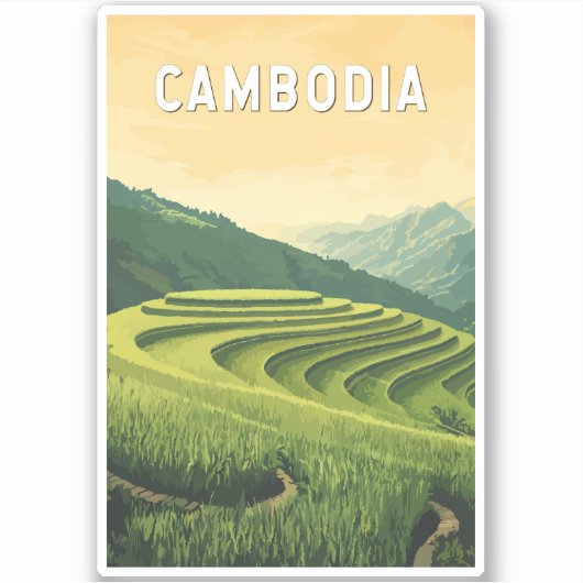 Cambodja Illustratie Reizen Art Vintage Sticker (Voorkant)