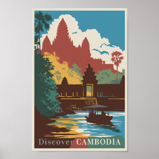 Cambodja Temple Illustration Travel Art Vintage Poster (Voorkant)